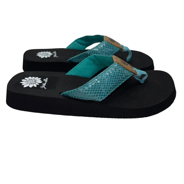 Yellow Box Flip Flops Teal Shiny Snakeskin Embossed Shimmer Wedge Sandal Faya