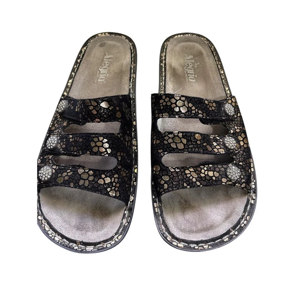 Alegria Black & Gold Leather Rhinestone Embellished Slide Sandals EU 41