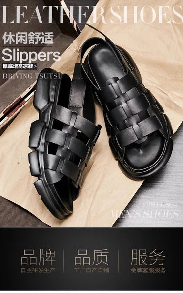 2025 Summer Men's Roman Real Leather Sandals Platform Open Toe Flat Shoes Casual