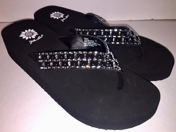 Yellow Box Flip Flops Sandals Women's Touch Wedge Pearl Jeweled Blue Black NWT