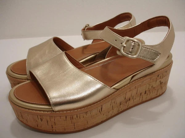Womens 11 M FitFlop Eloise Platino Metallic Gold Cork-Wrap Leather Wedge Sandals