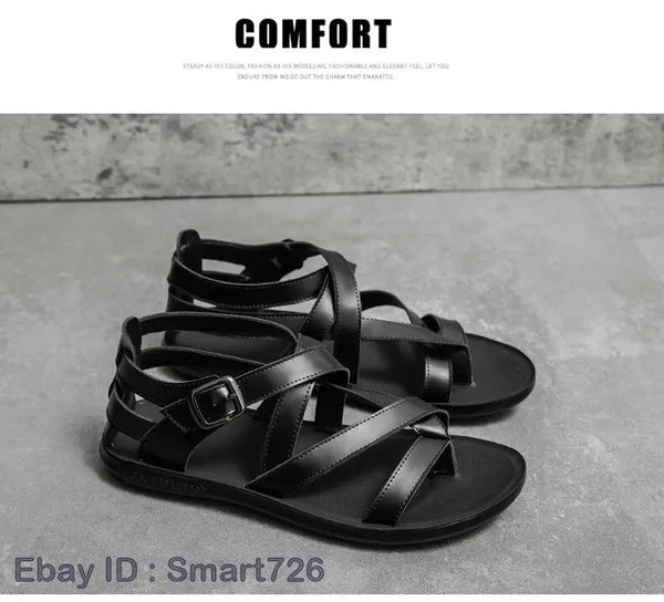 38-45 Mens Flip Flops Buckle Sandals Flat Shoes Summer Roman Style PU Leather