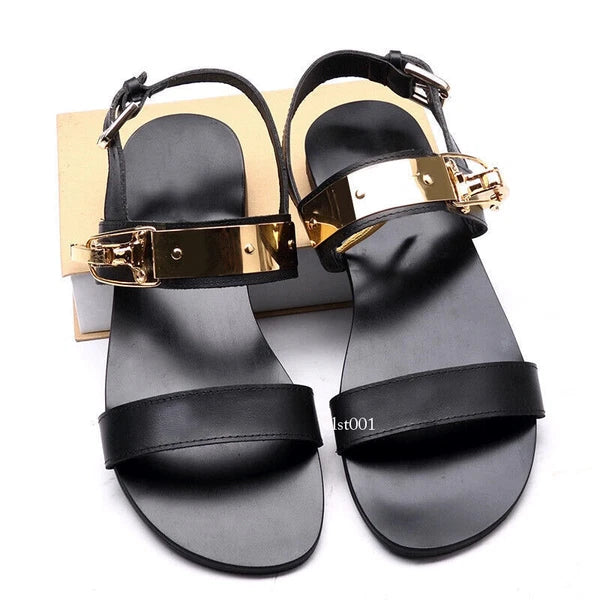 Open Toe Sandals Slingback Metal Trim Casual Real Leather Mens Shoes Roman Style