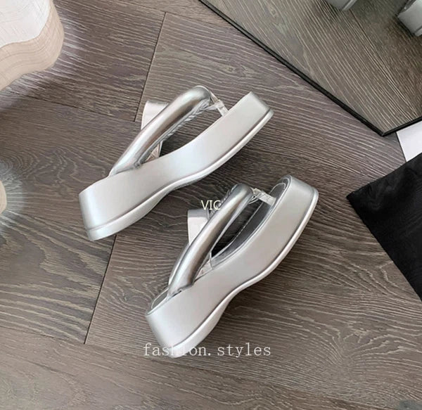 Women's Platform Leather Wedge High Heel Loafer Slipper Shoes Flip-flops Sandals