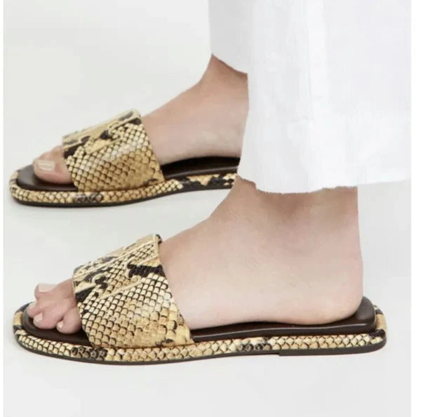 TORY BURCH DOUBLE T SPORT SLIDE snake-print leather Sandals Size 7.5