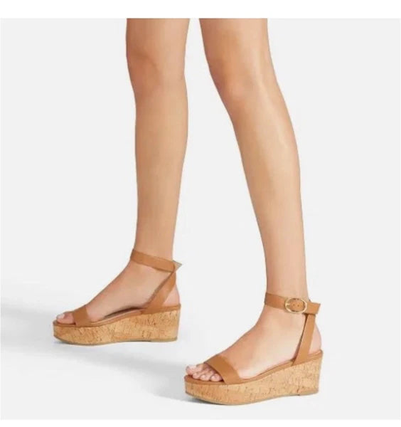 Stuart Weitzman Avenue 65 Platform Wedge Sandal Almond Tan Leather Cork Sz 8.5