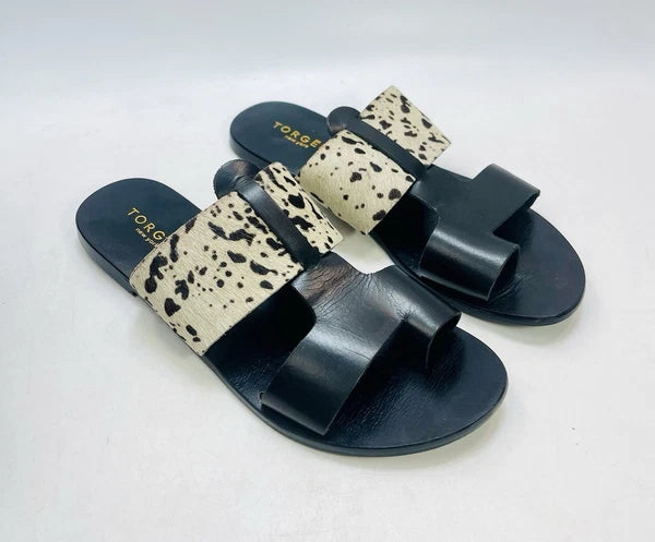 Torgeis New York Sz 7 Epona Slide Sandals Black Leather Pony Calf Hair #FEI1059