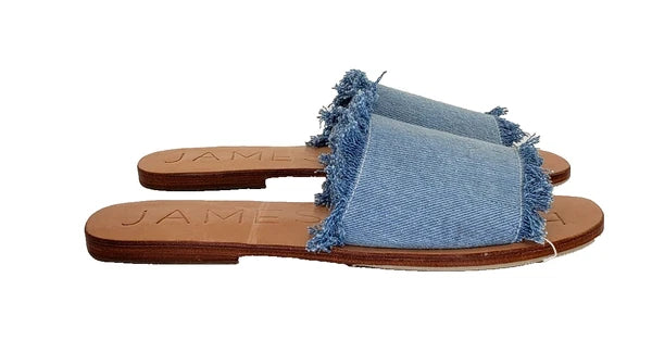 James Smith Womens Sandals Denim Slides Frayed Leather Sole Size 38 NEW