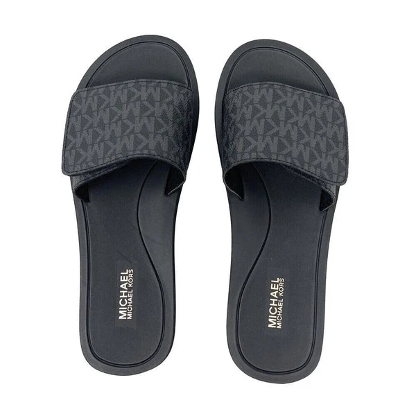 Michael Kors Wade Slide MK Signature Logo Sandals Adjust Closure Black SZ 11 New