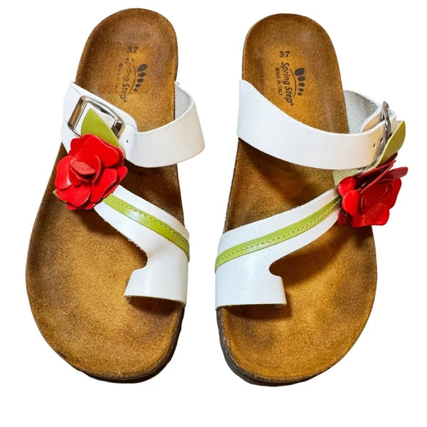 Spring Step Sandals Slides Leather Flower Accent Comfort Casual White 37