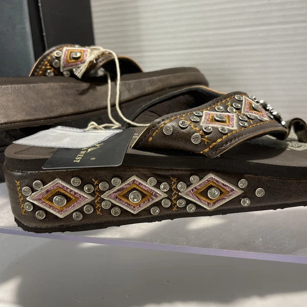 Montana West Embroidered Rhinestones Conch Western Style Wedge Sandals Sz11-11.5