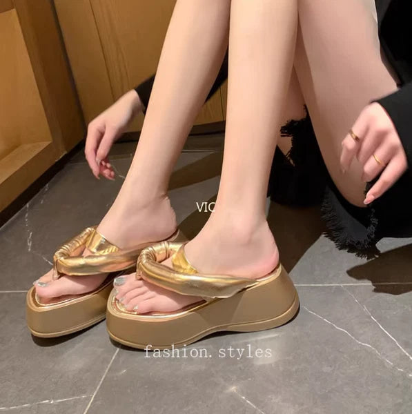 Women's Platform Leather Wedge High Heel Loafer Slipper Shoes Flip-flops Sandals