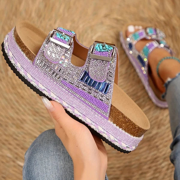 Heel Rhinestone Glitter Sandals, Double Buckle Slides with PP Insole and MD Sole