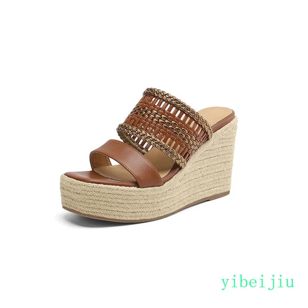 Women's Slipper Hemp Straw Weaving Platform Wedge Heel Mules Slides Sandals Lady