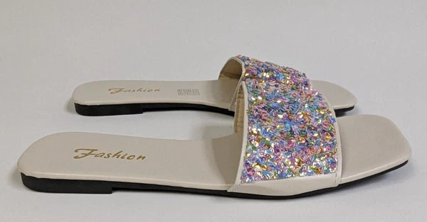 Womens 9.5 Iridescent Bling Rainbow Glitter Sequin Slip On Sandal Slides