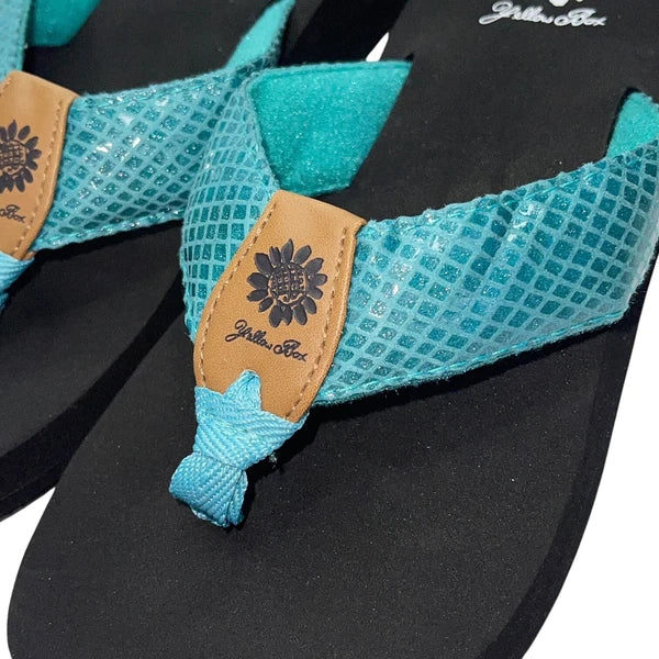 Yellow Box Flip Flops Teal Shiny Snakeskin Embossed Shimmer Wedge Sandal Faya