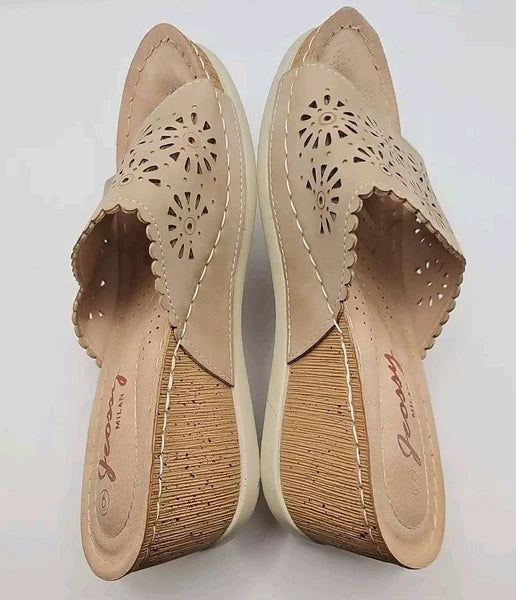 Jeossy Cork Wedge Slides Sandals Beige Women Sz 6 Etherial Soft Girl #163