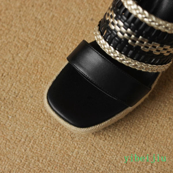 Women's Slipper Hemp Straw Weaving Platform Wedge Heel Mules Slides Sandals Lady
