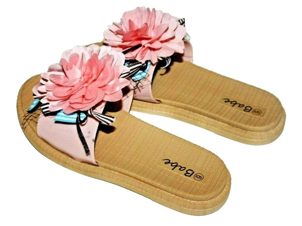 ! BABE Women's Slide Sandals Pink Flower Ribbon Tropical Flip-Flop Sz 6 NWT New