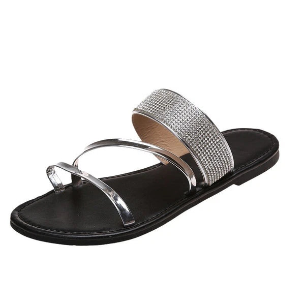 Women's Shiny Rhinestones Flat Slides Fashion Peep Toe Summer Casual Beach Shoes