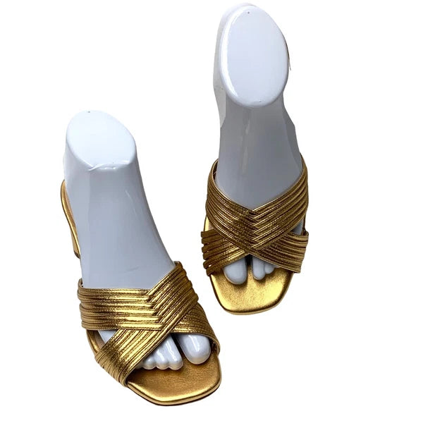 Via Spiga Rafaela Gold Leather Slide Sandals Womens Size 7.5 M  NWOB