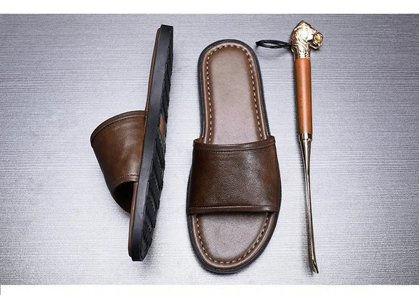 Roman Style Mens Open Toe Sandal Slippers Real Leather Flat Shoes Summer Outdoor