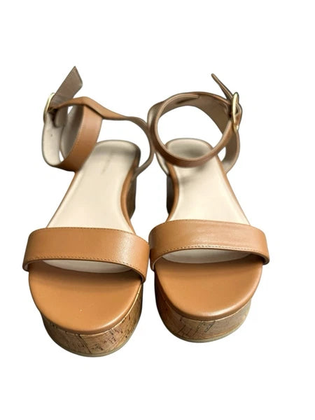 Stuart Weitzman Avenue 65 Platform Wedge Sandal Almond Tan Leather Cork Sz 8.5