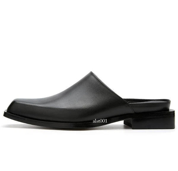 Men's Square Toe Genuine Leather Slippers Fashion Casual Mules Slides Shoes