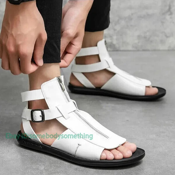 38-45 Mens Slingback Open Toe Buckle Sandals Flats Summer Roman Style PU Leather