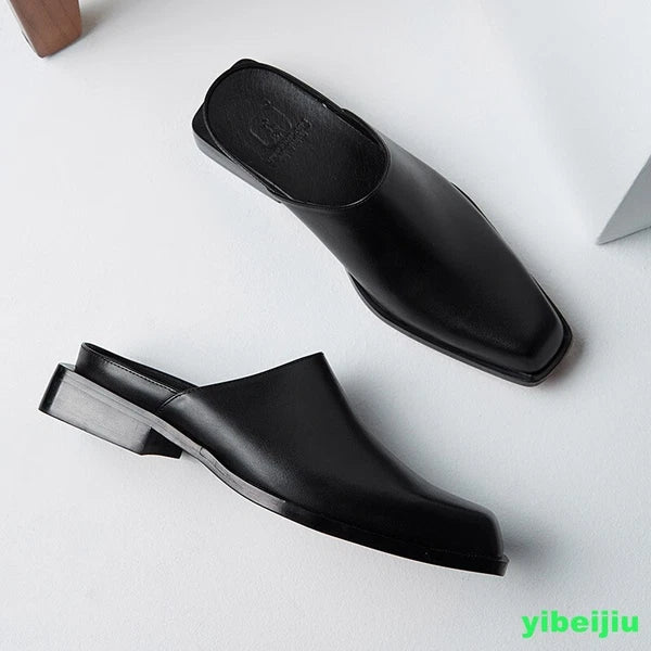 Men's Square Toe Genuine Leather Slippers Fashion Casual Mules Slides Shoes