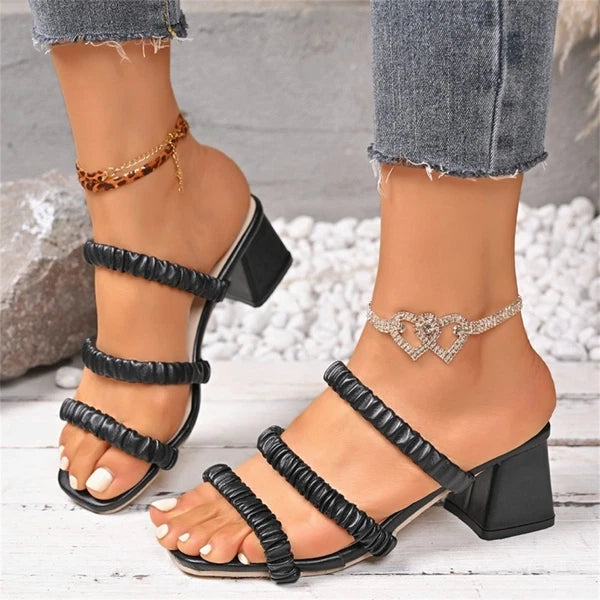 Women's Block Heeled Sandals Fashion Square Toe Braided Comfort Dress Slides