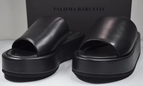 PALOMA BARCELO NIB $370 KORNELIA BLACK LEATHER PLATFORM SLIDE SANDAL. EU38/US8