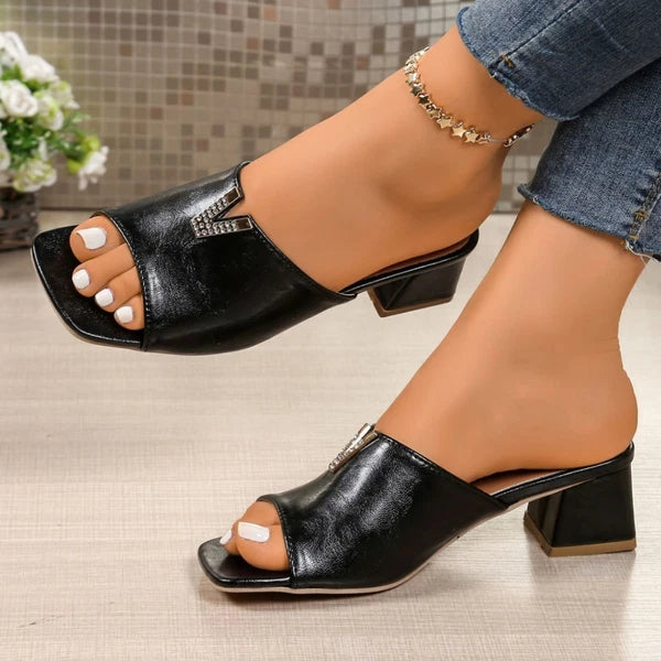 Women's Fashion Square Toe Mules Sandals Block Heel Casual Lightweight Slides