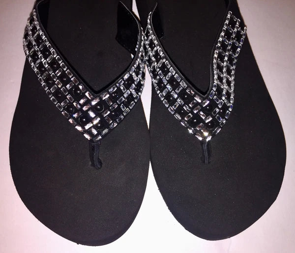 Yellow Box Flip Flops Sandals Women's Touch Wedge Pearl Jeweled Blue Black NWT