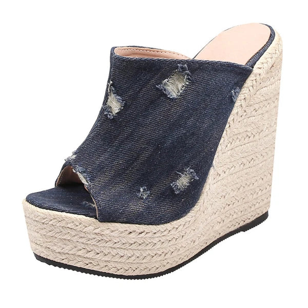 Women's Super High Hemp Rope Weaving Wedge Heel Slippers Denim Jeans Ripped Mule