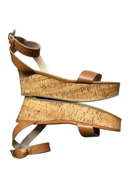Stuart Weitzman Avenue 65 Platform Wedge Sandal Almond Tan Leather Cork Sz 8.5