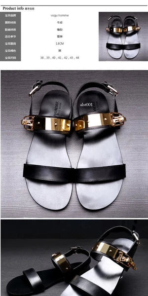 Open Toe Sandals Slingback Metal Trim Casual Real Leather Mens Shoes Roman Style