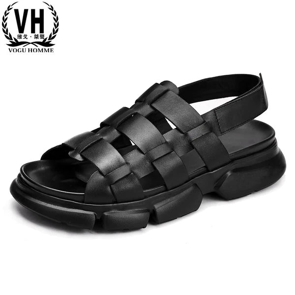 2025 Summer Men's Roman Real Leather Sandals Platform Open Toe Flat Shoes Casual