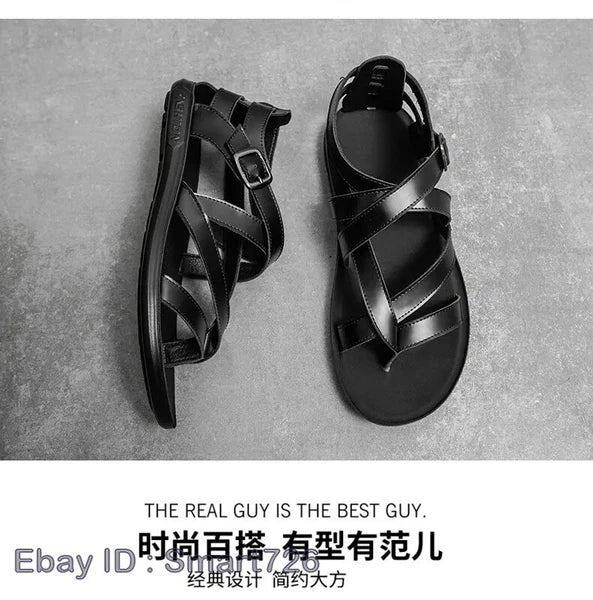 38-45 Mens Flip Flops Buckle Sandals Flat Shoes Summer Roman Style PU Leather