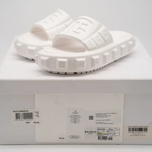 size 38-39 Balmain White Ari Women Rubber Slip On Slides Sandal Embossed Logo