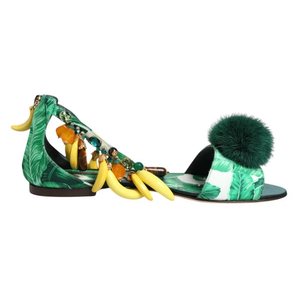DOLCE & GABBANA Shoes Green Mink Fur Satin Banana Leaf Sandals EU36.5/US6 $1500