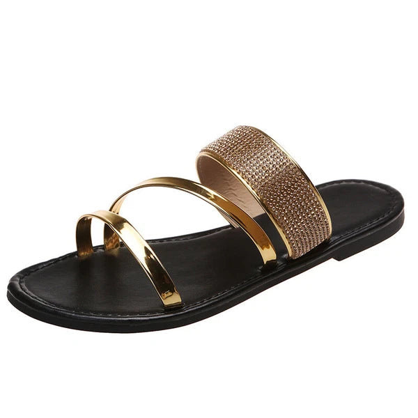 Women's Shiny Rhinestones Flat Slides Fashion Peep Toe Summer Casual Beach Shoes