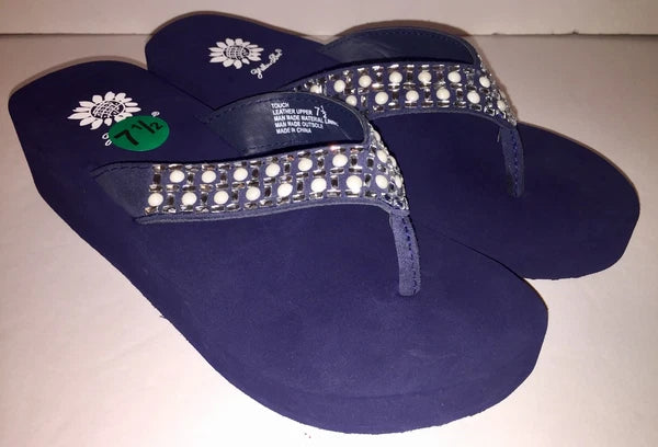 Yellow Box Flip Flops Sandals Women's Touch Wedge Pearl Jeweled Blue Black NWT