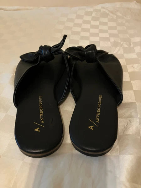 *READ* Anthropologie Black Leather Slide  Sandals 36 / 6 Adjustable bow