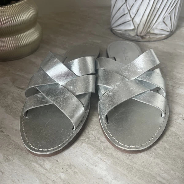 Madewell The Boardwalk Woven Slide Sandals Womens 9 Metallic Silver Open Toe
