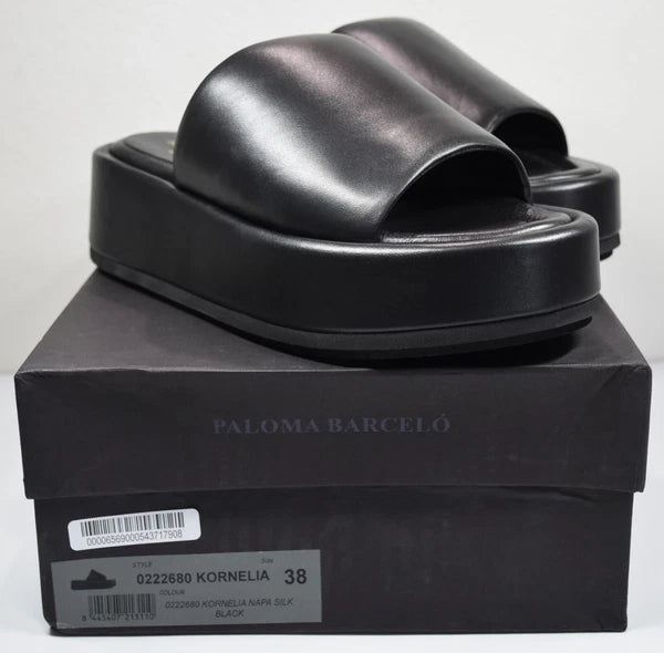 PALOMA BARCELO NIB $370 KORNELIA BLACK LEATHER PLATFORM SLIDE SANDAL. EU38/US8