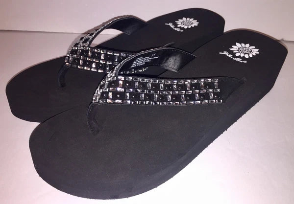 Yellow Box Flip Flops Sandals Women's Touch Wedge Pearl Jeweled Blue Black NWT