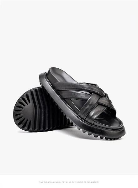 Roman Style Mens Open Toe Real Leather Cowhide Sandals Slippers Shoes Summer New
