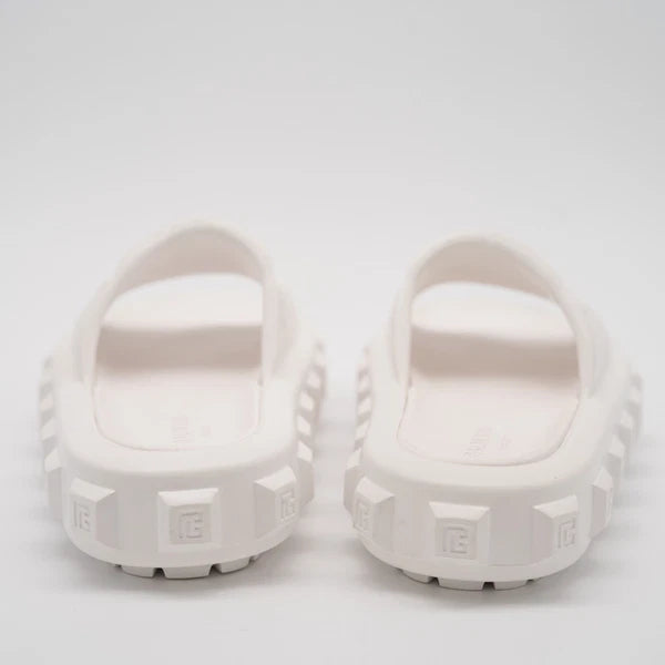 size 38-39 Balmain White Ari Women Rubber Slip On Slides Sandal Embossed Logo