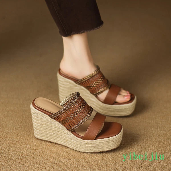 Women's Slipper Hemp Straw Weaving Platform Wedge Heel Mules Slides Sandals Lady